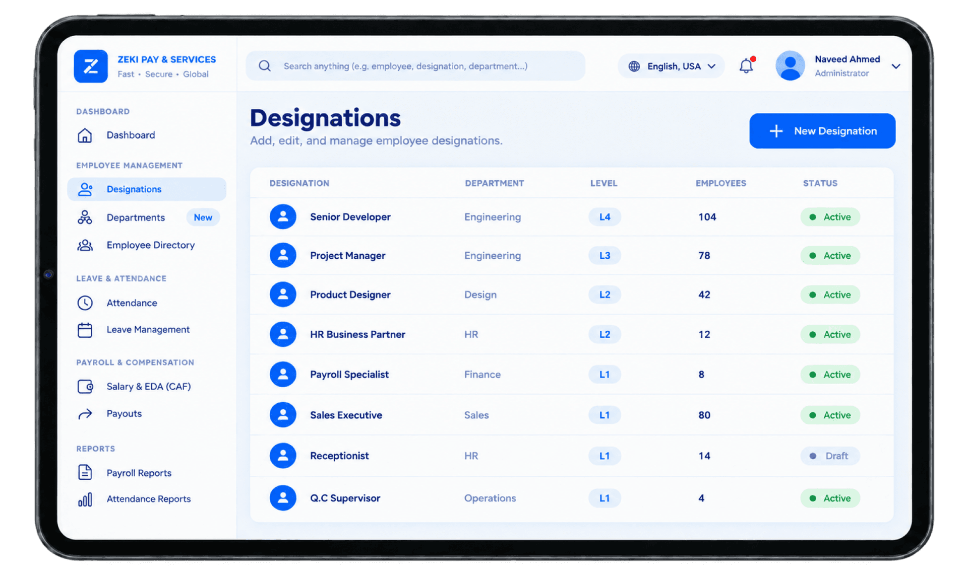 HRMIS designations and employee management screen